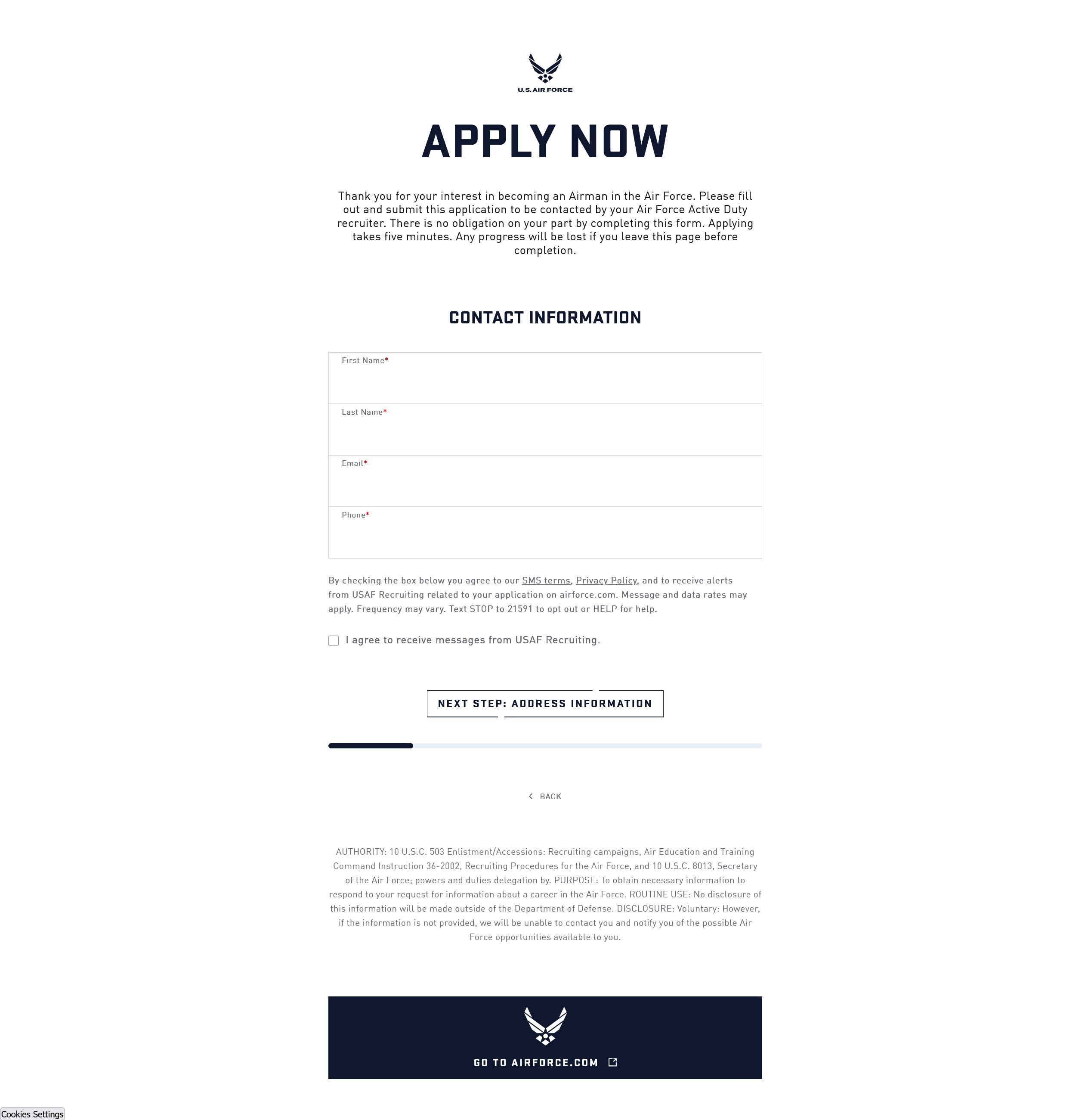 U.S. Air Force recruitment webform interface on Salesforce, featuring a 
