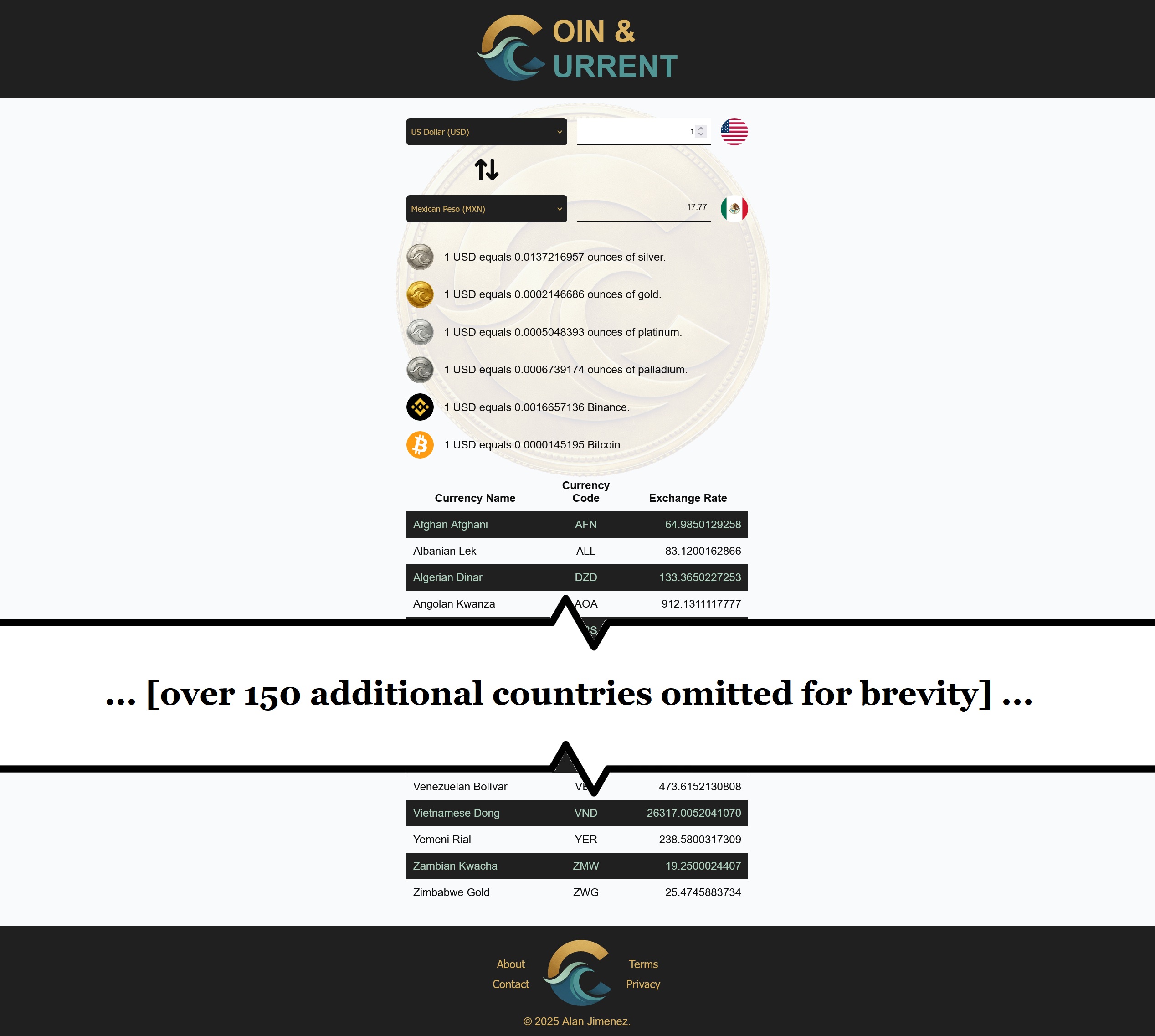 A screenshot of the Coin & Current application landing page. The interface features a professional charcoal header and footer with gold typography. In the center, a large gold coin watermark with the 'C' logo is visible behind a clean white data area. The UI shows currency selection picklists and circular 'coin' icons for flags and precious metals.
