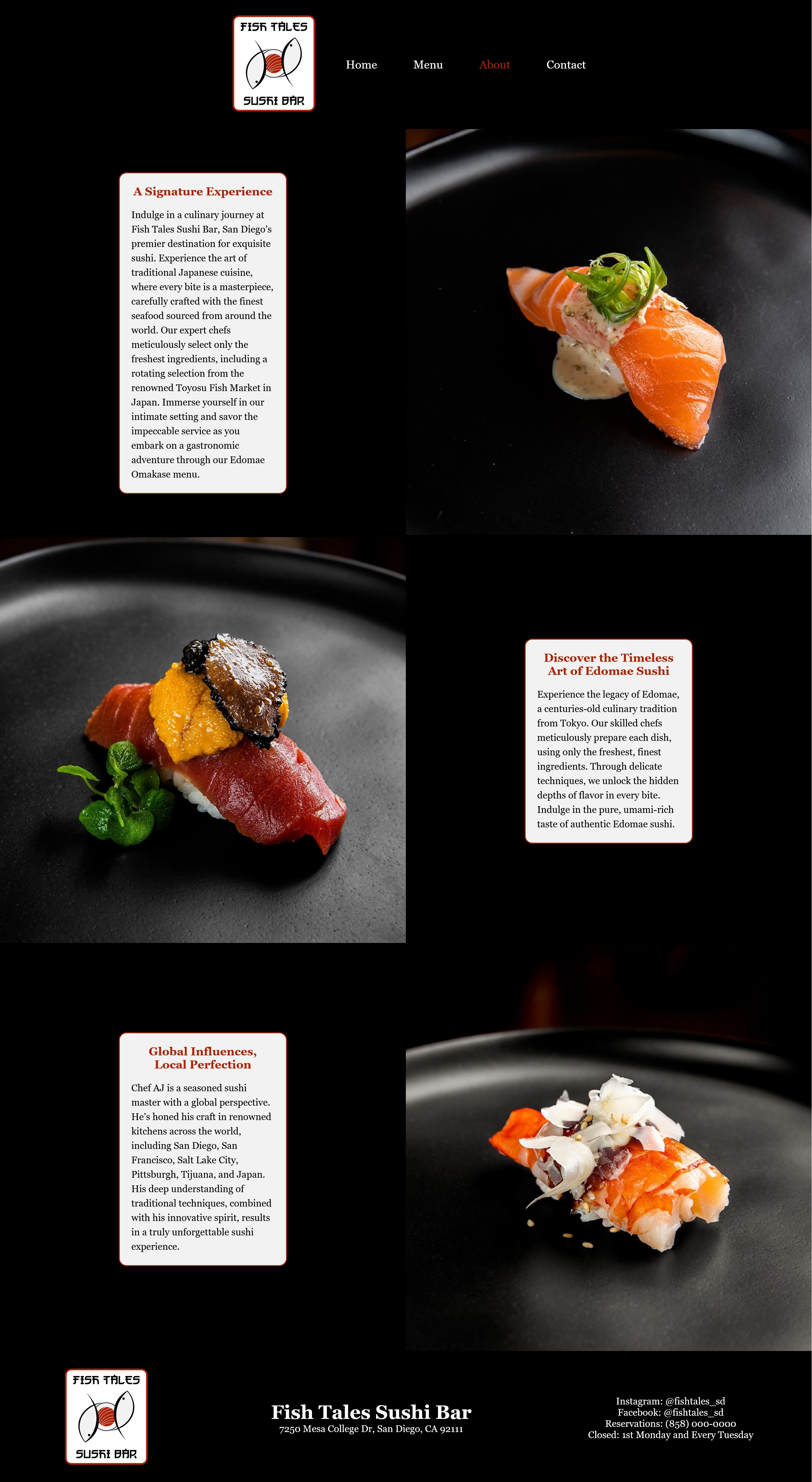 The 'About' page of the Fish Tales website, featuring a minimalist design that pairs professional food photography with detailed sections on the chef and the unique style of sushi served. The layout emphasizes a premium, modern dining experience.