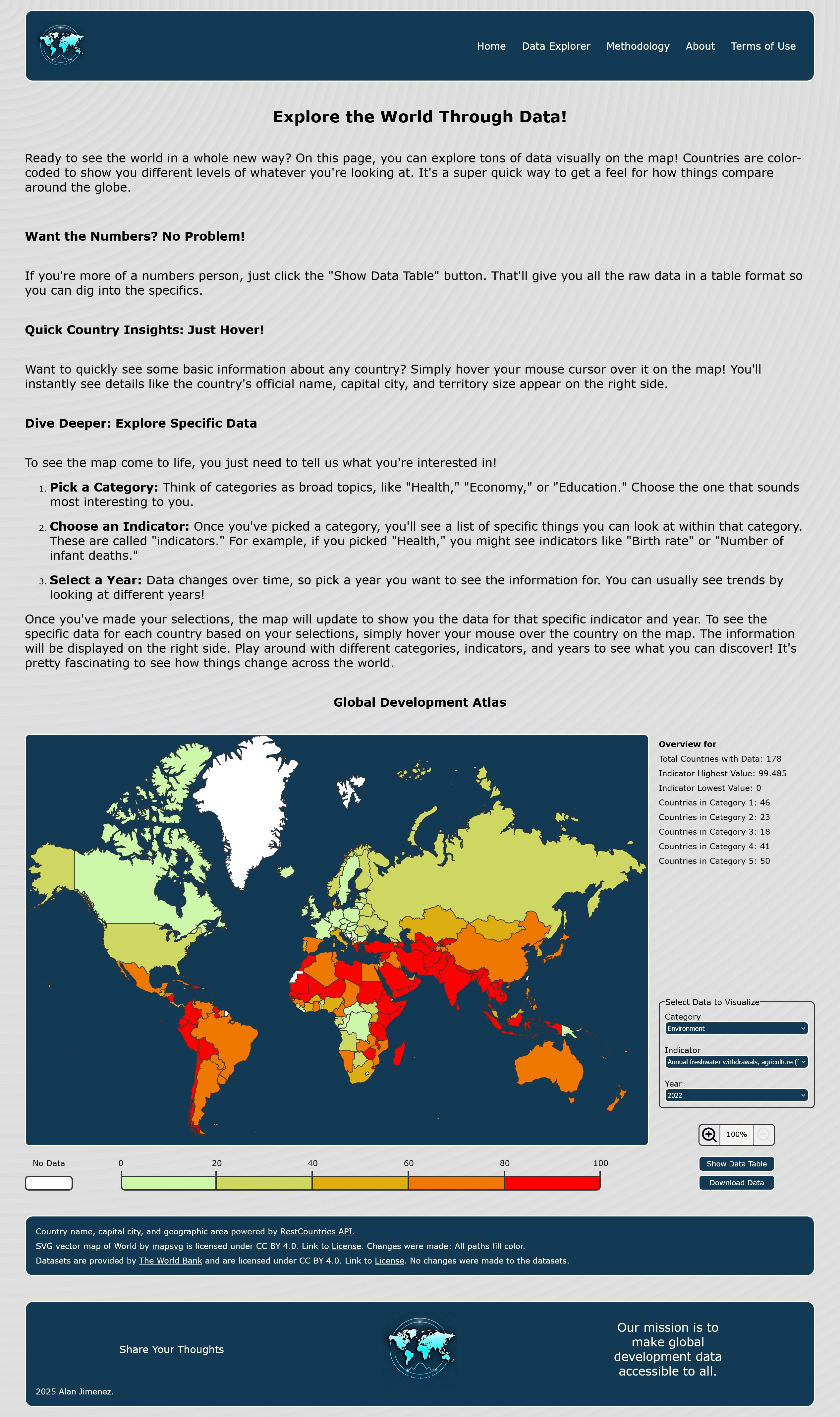 Global Development Atlas homepage featuring an interactive world map and an introductory panel explaining the application's data visualization focus.