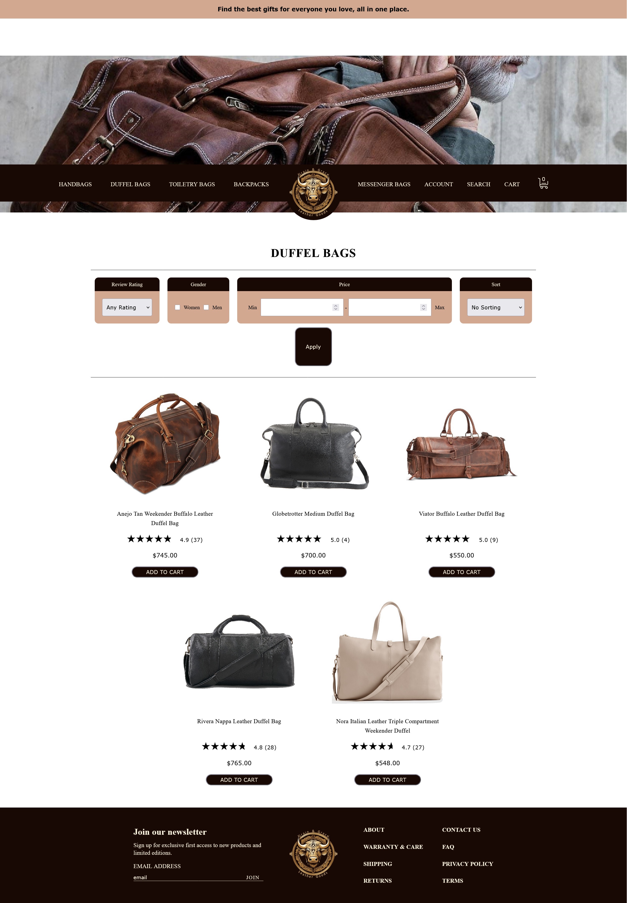 Grain and Grace luxury e-commerce homepage featuring a minimalist design, high-resolution leather product hero image, and CSS-driven customer ratings.
