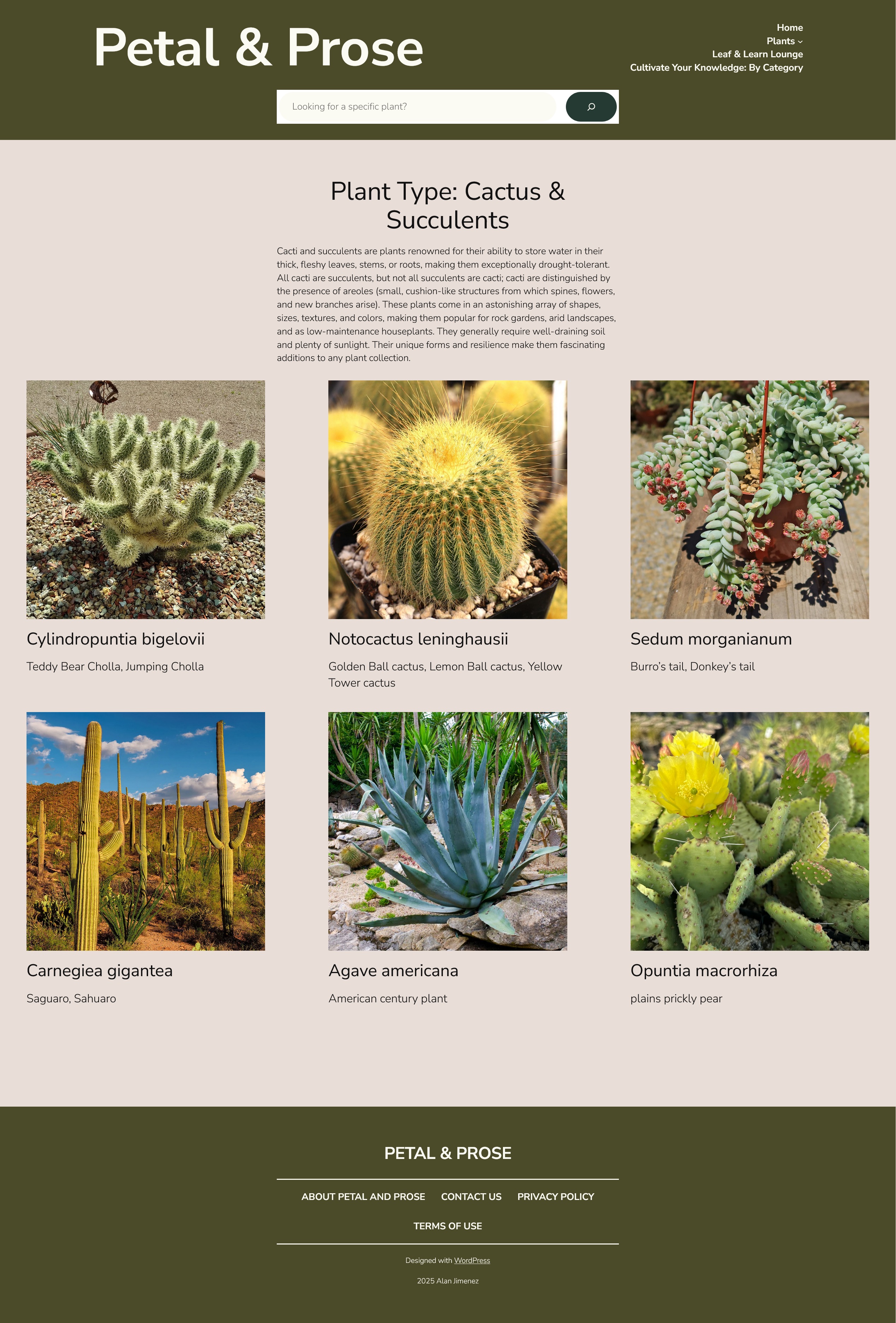 Petal and Prose database view showing the Climbers plant category with structured taxonomies for sun exposure, water needs, and USDA hardiness zones.