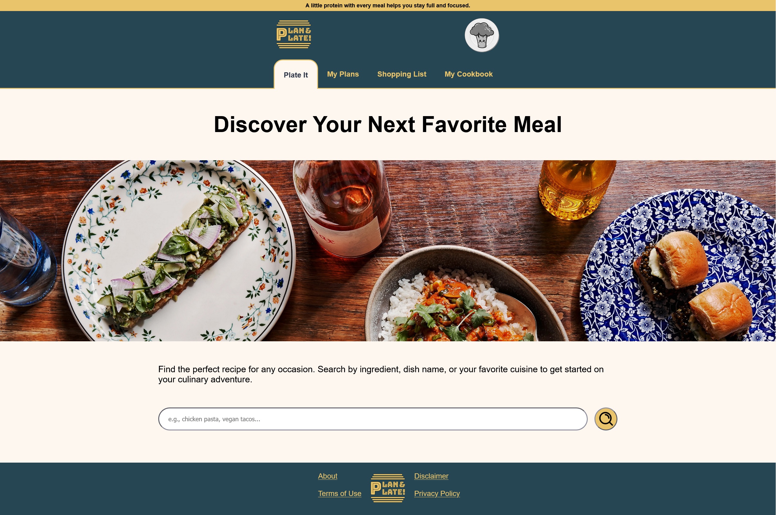 Vibrant landing page of the Plan & Plate React application, using the signature teal and gold color palette. A hero section with an inviting table setting prominently displays the 'search for a recipe' prompt. The full user interface, including navigation and footer, is visible.